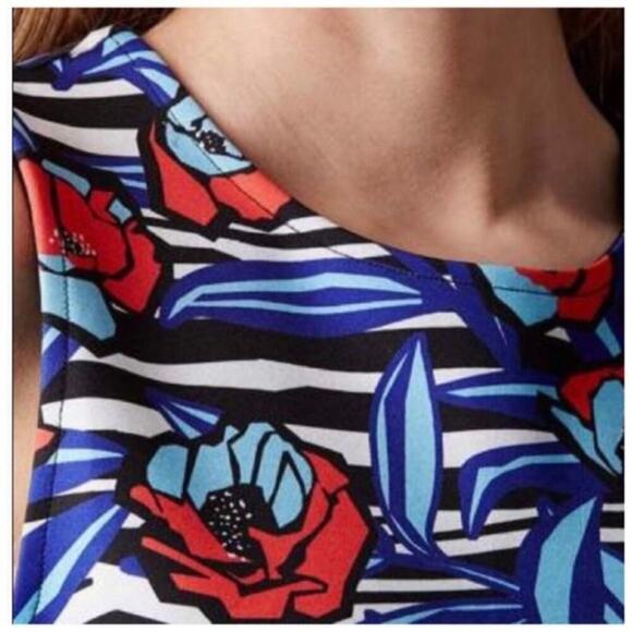 TOPSHOP Dress Floral Mini Sleeveless High Neck Scuba Stripe Blue Pink Black 6 - Picture 3 of 8